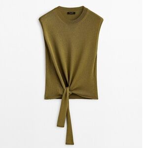Massimo Dutti Olive Green Knit Tie Front Top
